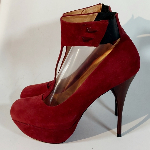 L.A.M.B. Burgundy suede Blade T-strap stiletto platform pumps, 9.5, never worn - Picture 8 of 16